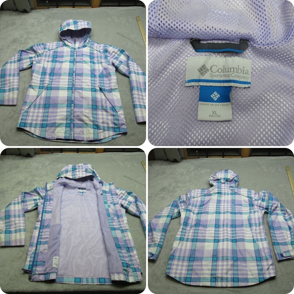 Columbia Jacket Girl XL 18/20 Purple Plaid Pockets Mesh Lined Hooded Rain Hiking